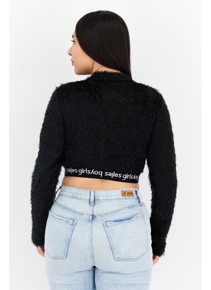 Les Girls Les Boys Women Round Neck Long Sleeve Brand Logo Crop Top, Black  - Image 3
