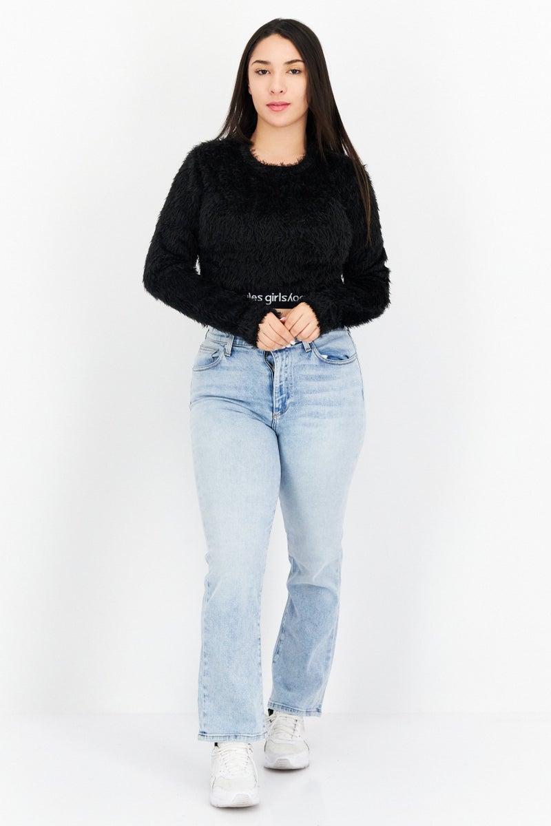 Les Girls Les Boys Women Round Neck Long Sleeve Brand Logo Crop Top, Black - Image 4