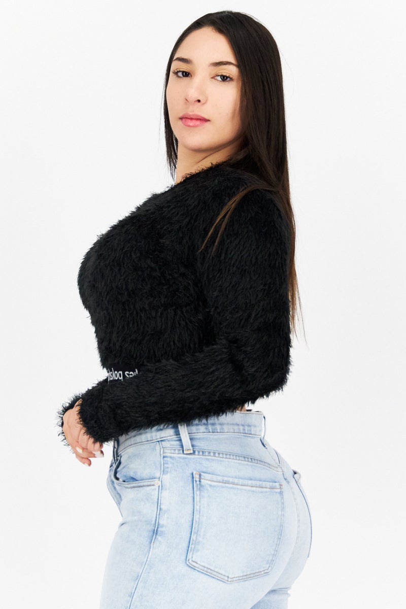 Les Girls Les Boys Women Round Neck Long Sleeve Brand Logo Crop Top, Black - Image 2