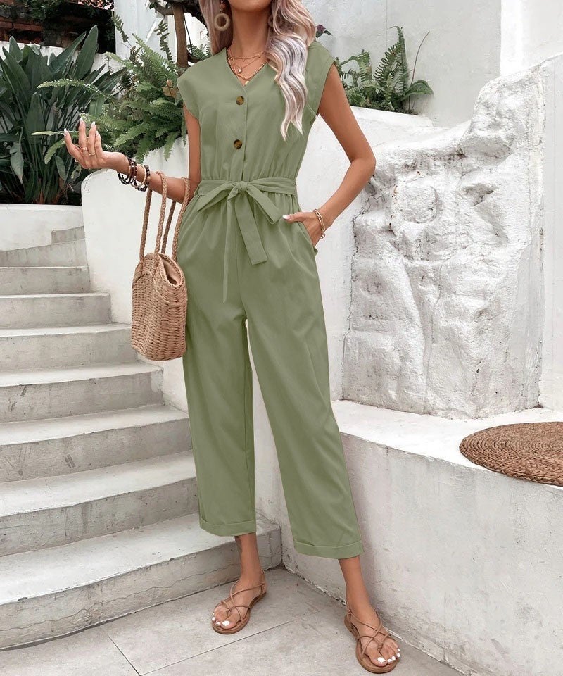 Barbora Linen Women's V-Neck Single Breasted Sleeveless Jumpsuit LN28HAKI11  - Image 1