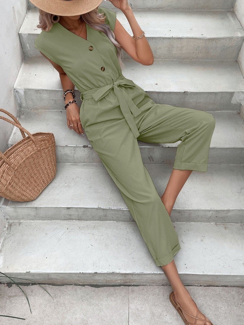Barbora Linen Women's V-Neck Single Breasted Sleeveless Jumpsuit LN28HAKI11  - Image 3