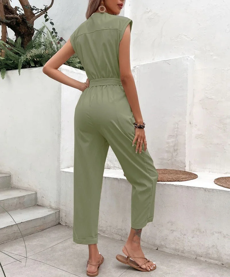 Barbora Linen Women's V-Neck Single Breasted Sleeveless Jumpsuit LN28HAKI11