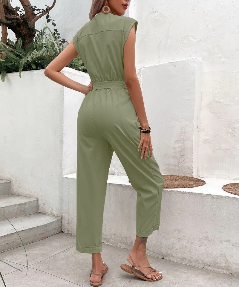 Barbora Linen Women's V-Neck Single Breasted Sleeveless Jumpsuit LN28HAKI11  - Image 2
