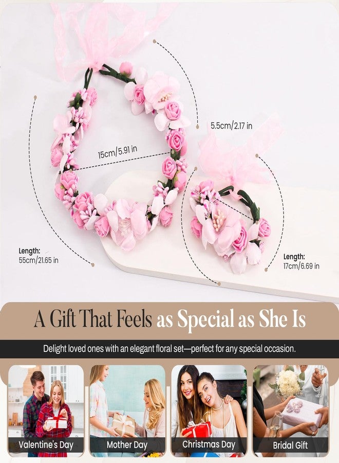 Merdia Floral Crown Wrist Bands Set For Women | Wedding Hair Accessories | Adjustable Hair Crowns for Women, Flower Crown | Headbands with Ribbon Garland Wristbands | Accessories for Weddings, Parties, Pink - Image 4