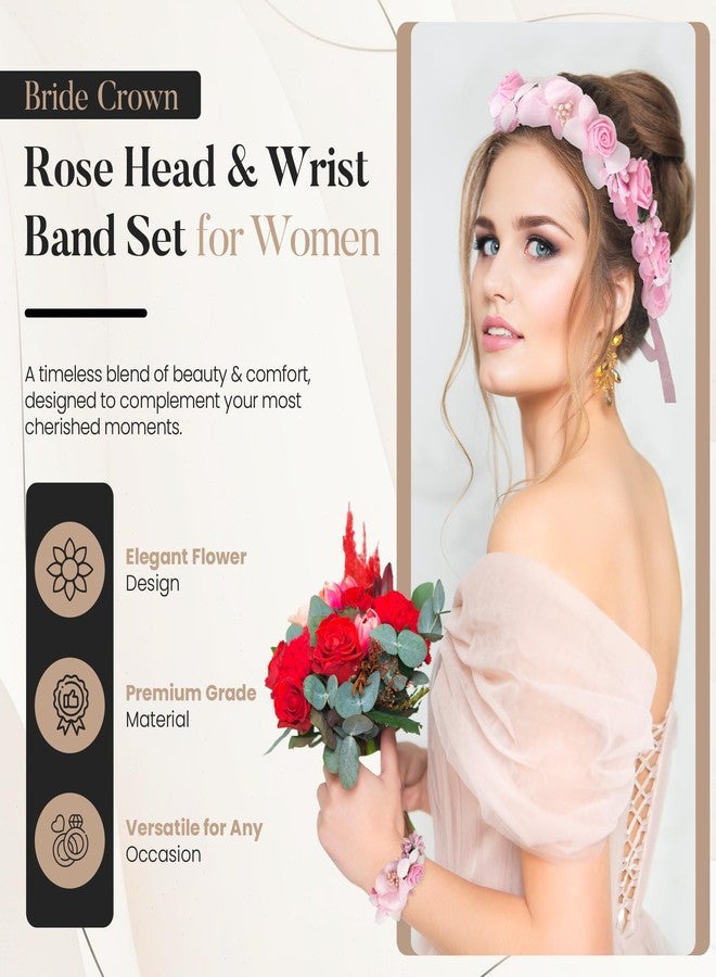 Merdia Floral Crown Wrist Bands Set For Women | Wedding Hair Accessories | Adjustable Hair Crowns for Women, Flower Crown | Headbands with Ribbon Garland Wristbands | Accessories for Weddings, Parties, Pink - Image 2
