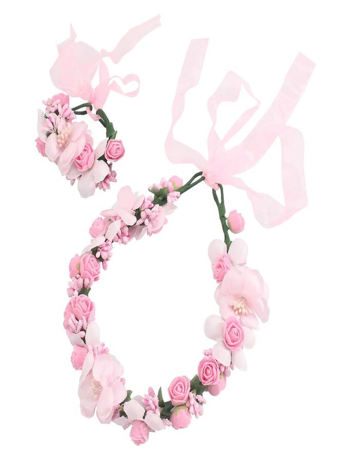 Merdia Floral Crown Wrist Bands Set For Women | Wedding Hair Accessories | Adjustable Hair Crowns for Women, Flower Crown | Headbands with Ribbon Garland Wristbands | Accessories for Weddings, Parties, Pink - Image 1