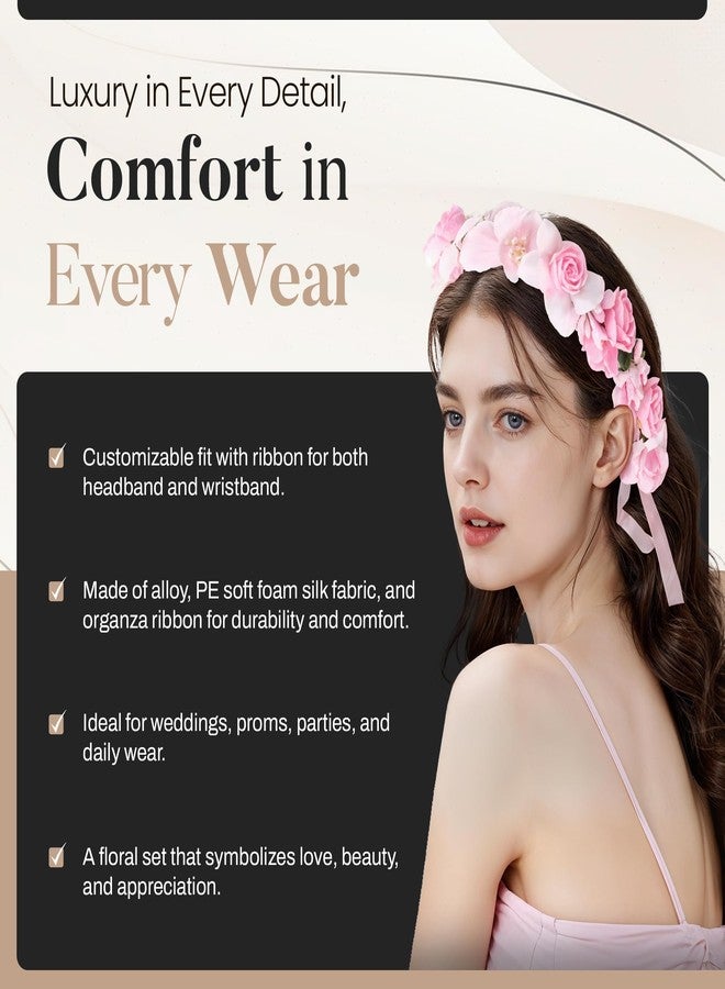 Merdia Floral Crown Wrist Bands Set For Women | Wedding Hair Accessories | Adjustable Hair Crowns for Women, Flower Crown | Headbands with Ribbon Garland Wristbands | Accessories for Weddings, Parties, Pink - Image 3