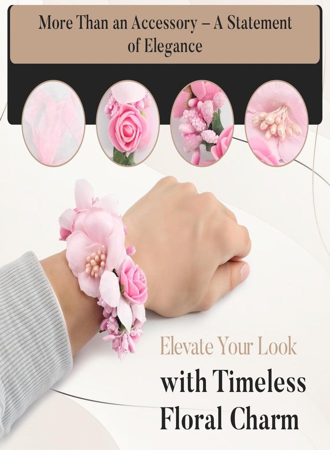 Merdia Floral Crown Wrist Bands Set For Women | Wedding Hair Accessories | Adjustable Hair Crowns for Women, Flower Crown | Headbands with Ribbon Garland Wristbands | Accessories for Weddings, Parties, Pink - Image 5