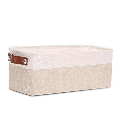 DULLEMELO سلة تخزين الحمام من ديلميلو مع مقابض جلدية، منظم ضيق للمناشف، لفات ورق التواليت، سلة تخزين خلف المرحاض، للحمامات، الرفوف والخزائن (أبيض وكاكي) - Image 1