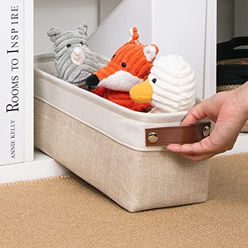 DULLEMELO سلة تخزين الحمام من ديلميلو مع مقابض جلدية، منظم ضيق للمناشف، لفات ورق التواليت، سلة تخزين خلف المرحاض، للحمامات، الرفوف والخزائن (أبيض وكاكي) - Image 5