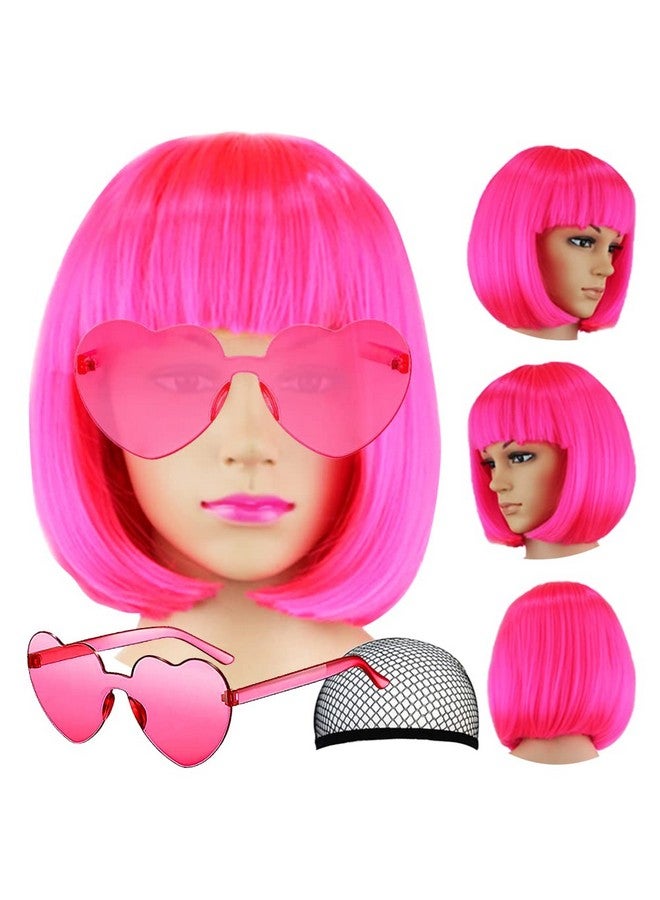 LIULIUBTY باروكة بوب قصيرة مستقيمة مع غرة مسطحة مصنوعة من الألياف الصناعية ملونة لملابس الكوسبلاي اليومية وحفلات النيون للنساء + قبعة باروكة مجانية 14" طبيعية كالحقيقية - Image 2