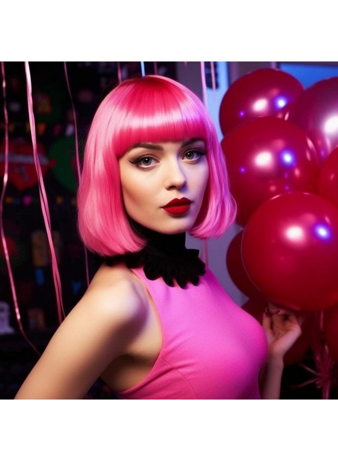 LIULIUBTY باروكة بوب قصيرة مستقيمة مع غرة مسطحة مصنوعة من الألياف الصناعية ملونة لملابس الكوسبلاي اليومية وحفلات النيون للنساء + قبعة باروكة مجانية 14" طبيعية كالحقيقية - Image 4