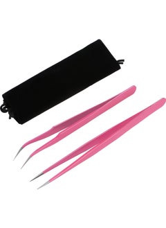 Hotop 2 Pieces Straight and Curved Tip Tweezers Eyelash Extension Tweezers, Stainless Steel False Lash Application Tools (Pink) 
