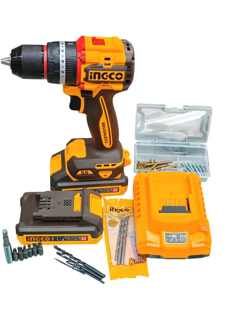 INGCO 20V Brushless Cordless Impact Drill Kit with 2.0Ah Battery and Carrying Case – 55Nm Torque - Image 1