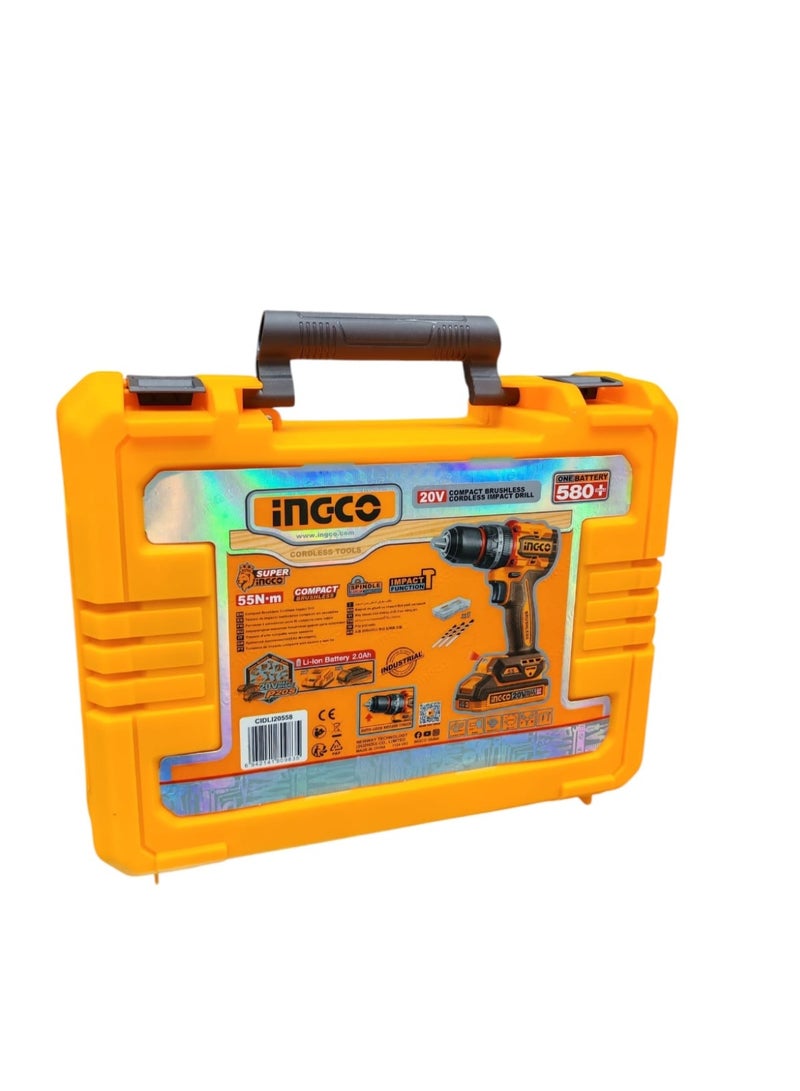 INGCO 20V Brushless Cordless Impact Drill Kit with 2.0Ah Battery and Carrying Case – 55Nm Torque - Image 2