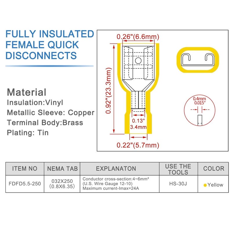 Fully Insulated Electrical Connectors, Yellow 5.5-250 Female for 4-6mm² Cables and Wires, 24A Tinned Copper (100) - Image 5