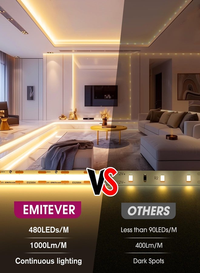EMITEVER Warm White COB LED Strip Lights, 3000K Tape, 32.8ft, High DC Density, 24V, 300LM/ft, 4800LEDs/Coil, Ra 90+, 3W/ft, UL Listed - Image 2