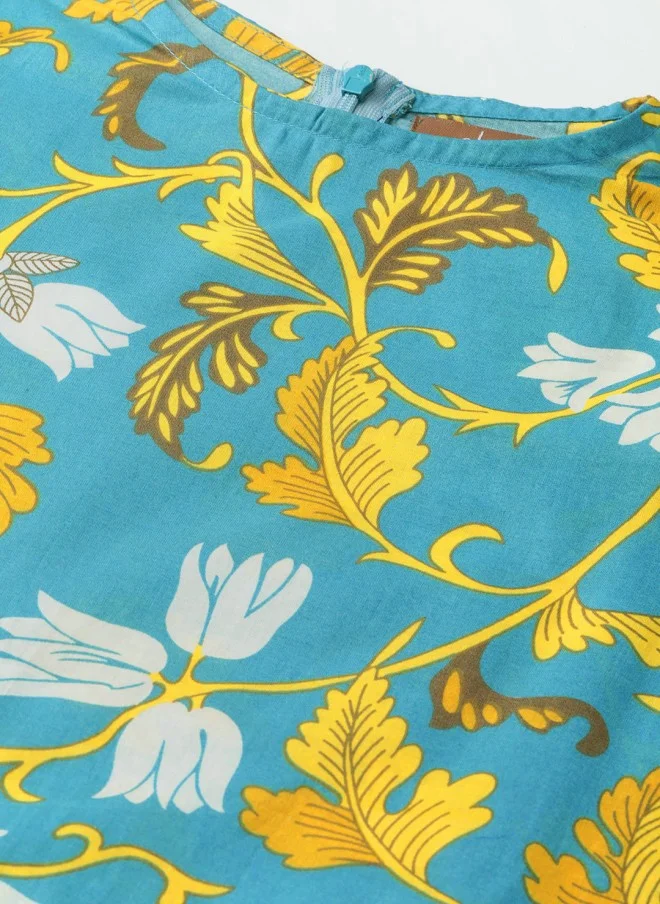 SASSAFRAS Blue & Mustard Yellow Printed Off-Shoulder Anarkali Kurta for Women