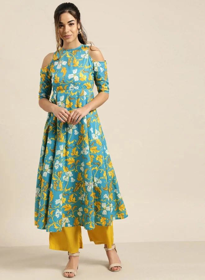 SASSAFRAS Blue & Mustard Yellow Printed Off-Shoulder Anarkali Kurta for Women