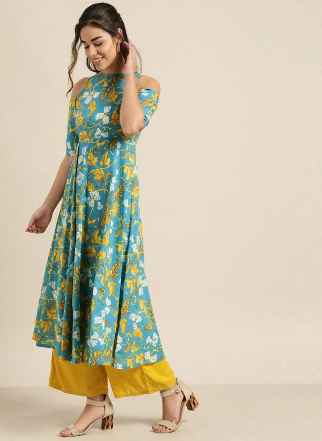 SASSAFRAS Blue & Mustard Yellow Printed Off-Shoulder Anarkali Kurta for Women