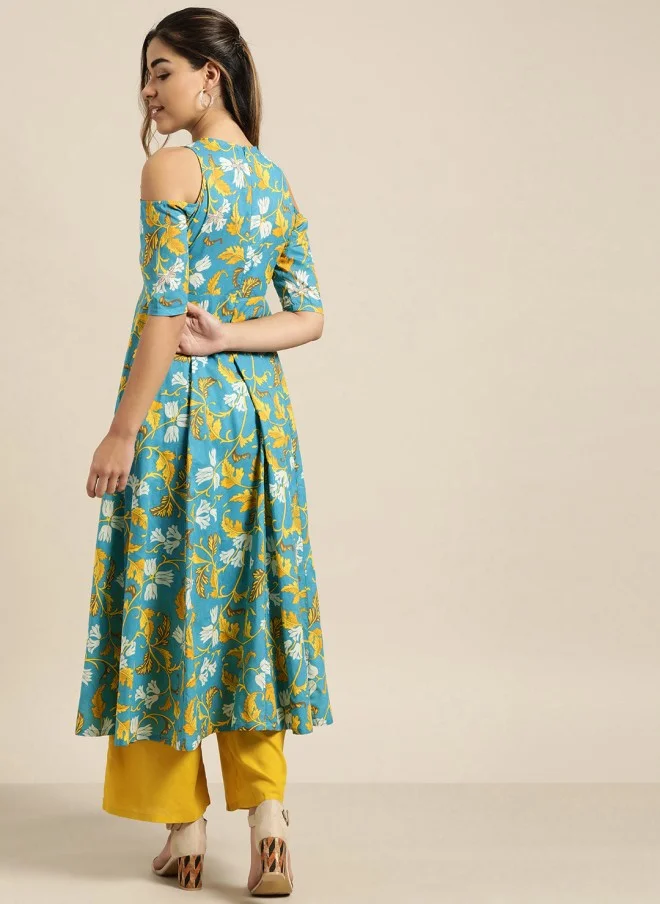 SASSAFRAS Blue & Mustard Yellow Printed Off-Shoulder Anarkali Kurta for Women