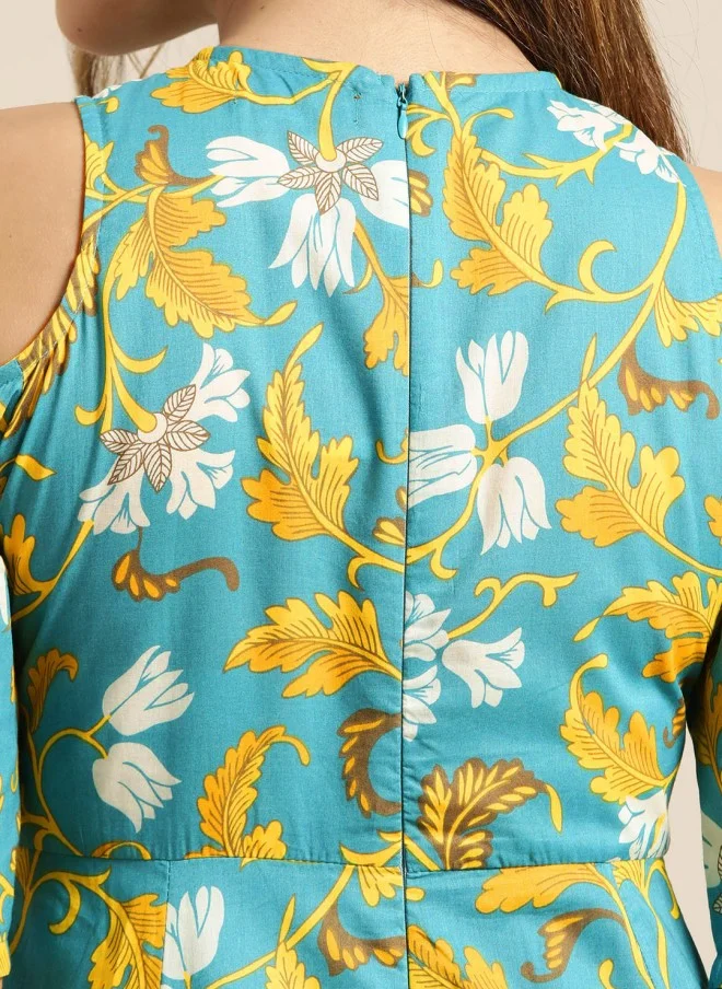 SASSAFRAS Blue & Mustard Yellow Printed Off-Shoulder Anarkali Kurta for Women