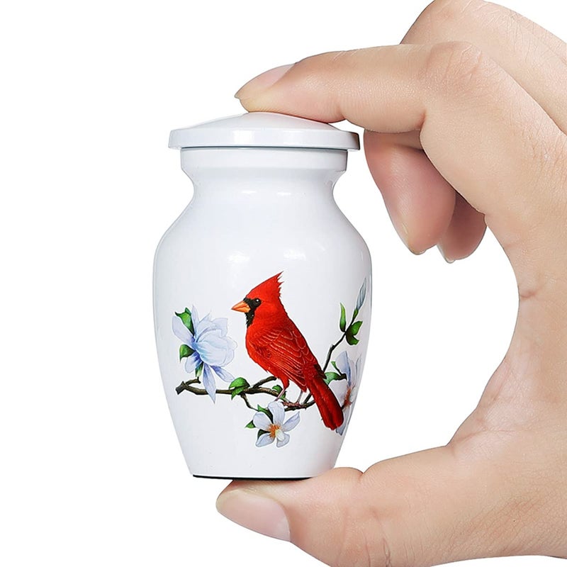 ICOKEE Red Cardinal Bird Small Keepsake Urn for Human Ashes or Pet Ashes  Aluminum Mini Cremation Urn for Ashes  White Memorial Ashes Holder  Qty 1 with Velvet Bag