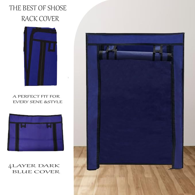 PHILOSHOP Shoe Rack Cover For Home Only for 4-Layer Portable Foldable Shoe stand Non Woven Zipper Fabric Cover (Dark Blue) - Image 3