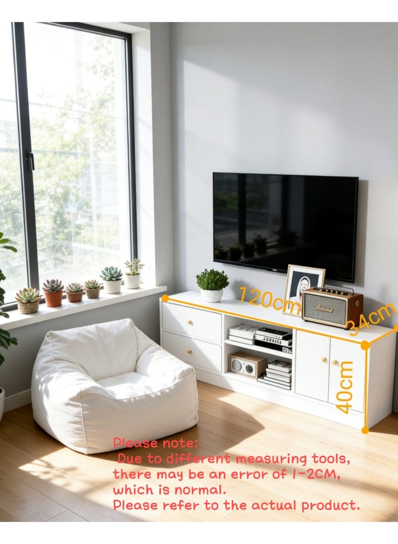 White TV Stand with Storage, 3-Tier Open Shelf, 2 Drawers & Cabinet Doors, Modern Media Console for Living Room, Entertainment Center for 65+ Inch TV (White, DSG012) - Image 3
