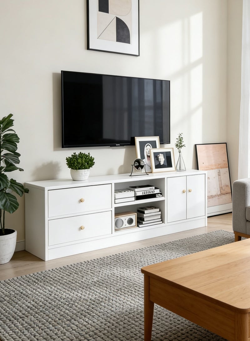 White TV Stand with Storage, 3-Tier Open Shelf, 2 Drawers & Cabinet Doors, Modern Media Console for Living Room, Entertainment Center for 65+ Inch TV (White, DSG012) - Image 1