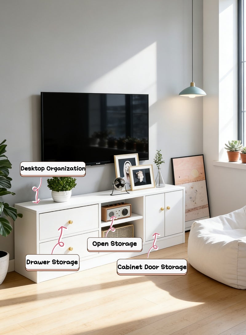 White TV Stand with Storage, 3-Tier Open Shelf, 2 Drawers & Cabinet Doors, Modern Media Console for Living Room, Entertainment Center for 65+ Inch TV (White, DSG012) - Image 2