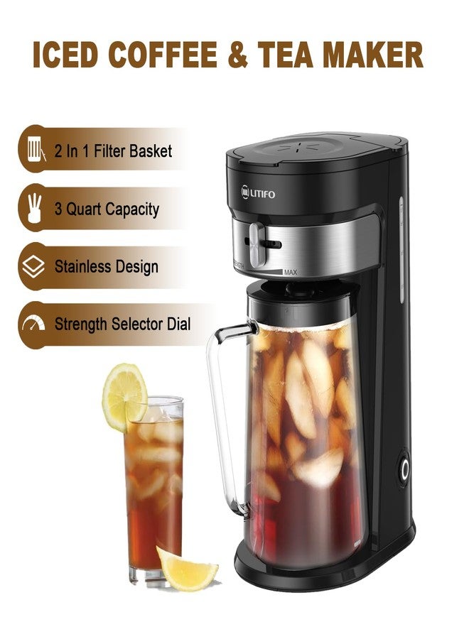LITIFO Iced Tea Maker and Iced Coffee Maker Brewing System with 2.5-quart Pitcher, sliding strength selector for Taste Customization, Stainless Steel Decoration (Black 2.0) - Image 2