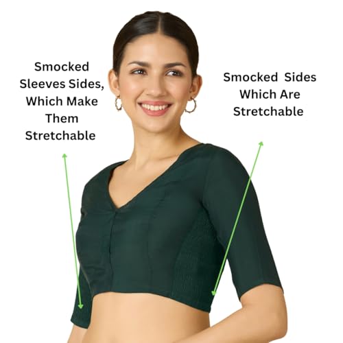 Studio Shringaar Women's Cotton Silk Stretchable (Smocked) Readymade Saree Blouse (Green, 46) - Image 2
