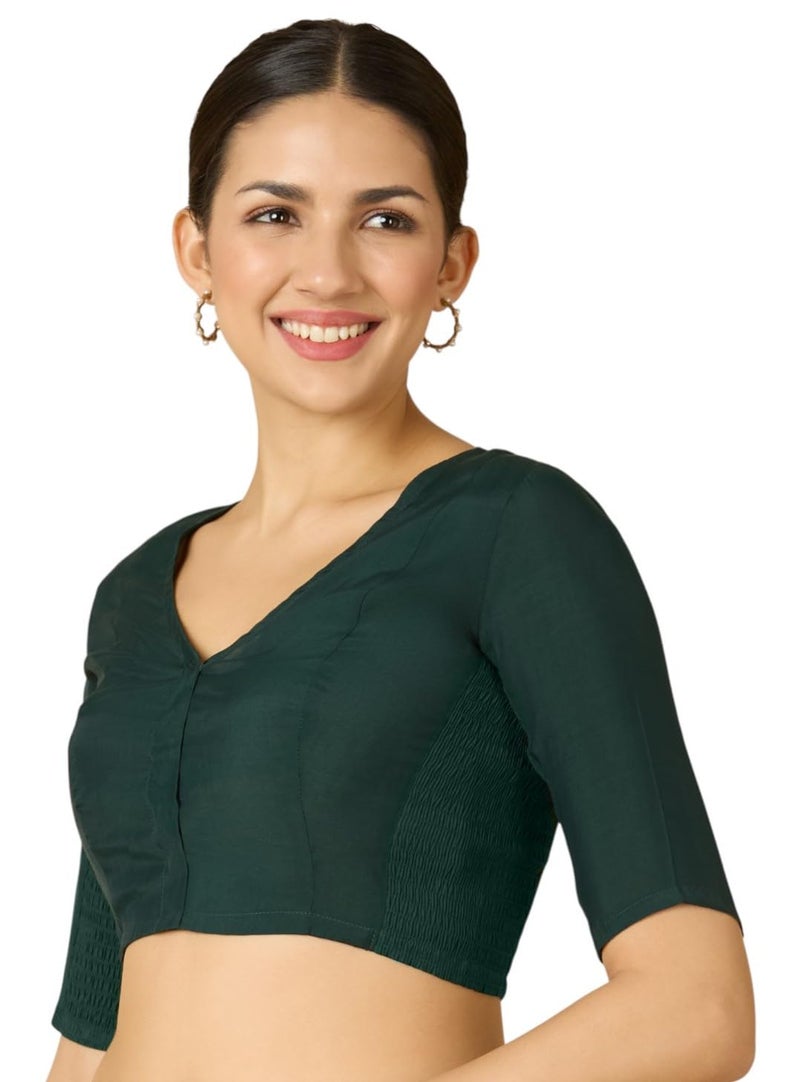 Studio Shringaar Women's Cotton Silk Stretchable (Smocked) Readymade Saree Blouse (Green, 46) - Image 4