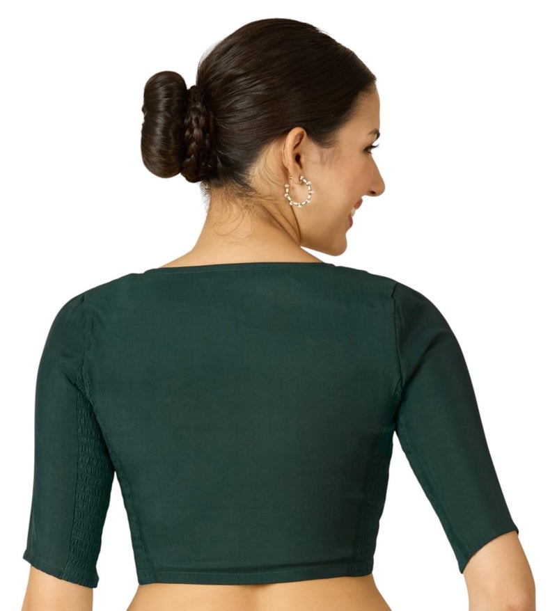 Studio Shringaar Women's Cotton Silk Stretchable (Smocked) Readymade Saree Blouse (Green, 46) - Image 3
