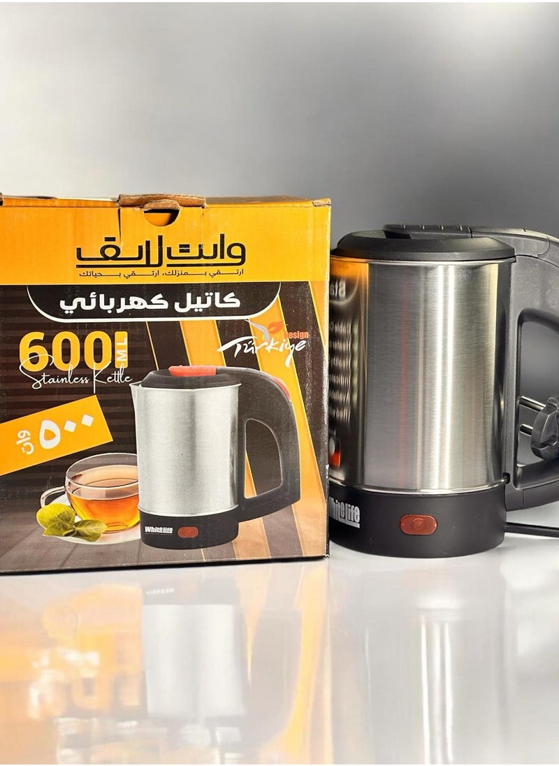 وايت لايف - كاتيل كهربائي من “وايت لايف” بقدرة 500 وات وسعة 600 مل. يتميز بتصميم بسيط وأنيق يتناسب مع مختلف الأذواق. يعد هذا الكاتيل الخيار المثالي لتحضير المشروبات الساخنة مثل الشاي والقهوة بسرعة وكفاءة. - Image 1