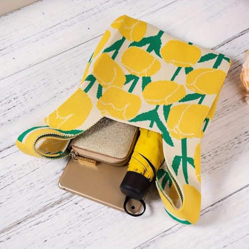 Kawn® Crochet Wrist Handbag for Women Wristlet Handbag Sleeve Knot Pouch Portable knitted breathable lightweight foldable Casual Small Purse Cute Tote Bag For Shopping, Dating, Travel (Yellow Tulip) - Image 2