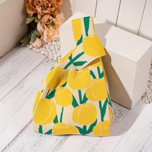 Kawn® Crochet Wrist Handbag for Women Wristlet Handbag Sleeve Knot Pouch Portable knitted breathable lightweight foldable Casual Small Purse Cute Tote Bag For Shopping, Dating, Travel (Yellow Tulip) - Image 4