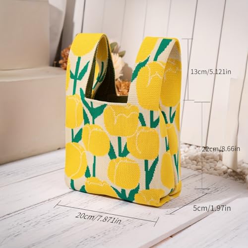 Kawn® Crochet Wrist Handbag for Women Wristlet Handbag Sleeve Knot Pouch Portable knitted breathable lightweight foldable Casual Small Purse Cute Tote Bag For Shopping, Dating, Travel (Yellow Tulip) - Image 3