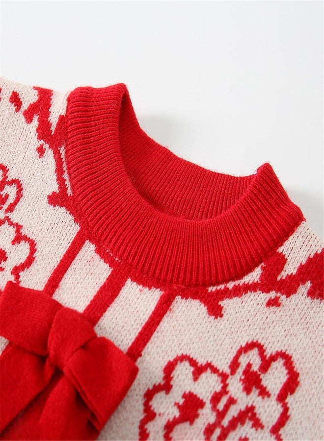 Mud Kingdom Knit Set Little Girls Knitted Sweater Embroidered Patterns Pleated Skirt Bow New Year Red Outfit 5T - Image 3