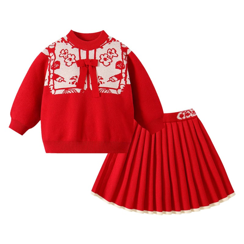 Mud Kingdom Knit Set Little Girls Knitted Sweater Embroidered Patterns Pleated Skirt Bow New Year Red Outfit 5T - Image 1