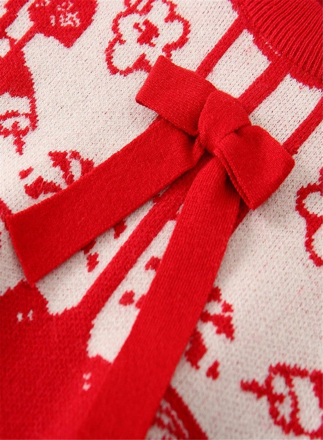 Mud Kingdom Knit Set Little Girls Knitted Sweater Embroidered Patterns Pleated Skirt Bow New Year Red Outfit 5T - Image 4