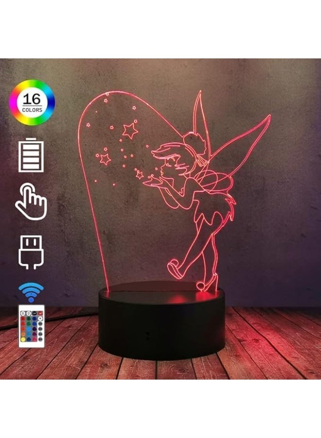 مصباح إضاءة مجسم ثلاثي الأبعاد TinkerBell LED بتأثير بصري ديكور ليلية، لمبة مكتب وزينة لغرف الأطفال وغرف النوم وحفلات أعياد الميلاد، هدية مميزة لمحبي الجنيات - Image 3