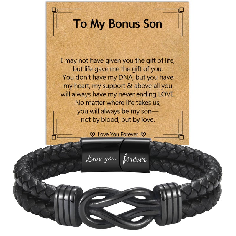 EPIRORA Gifts for Bonus Son- Black Braided Leather Infinity Knot Bracelets for Men Boys, Bonus Son Jewelry Gifts for Christmas Birthday Graduation Anniversary Valentine's Day - Image 1