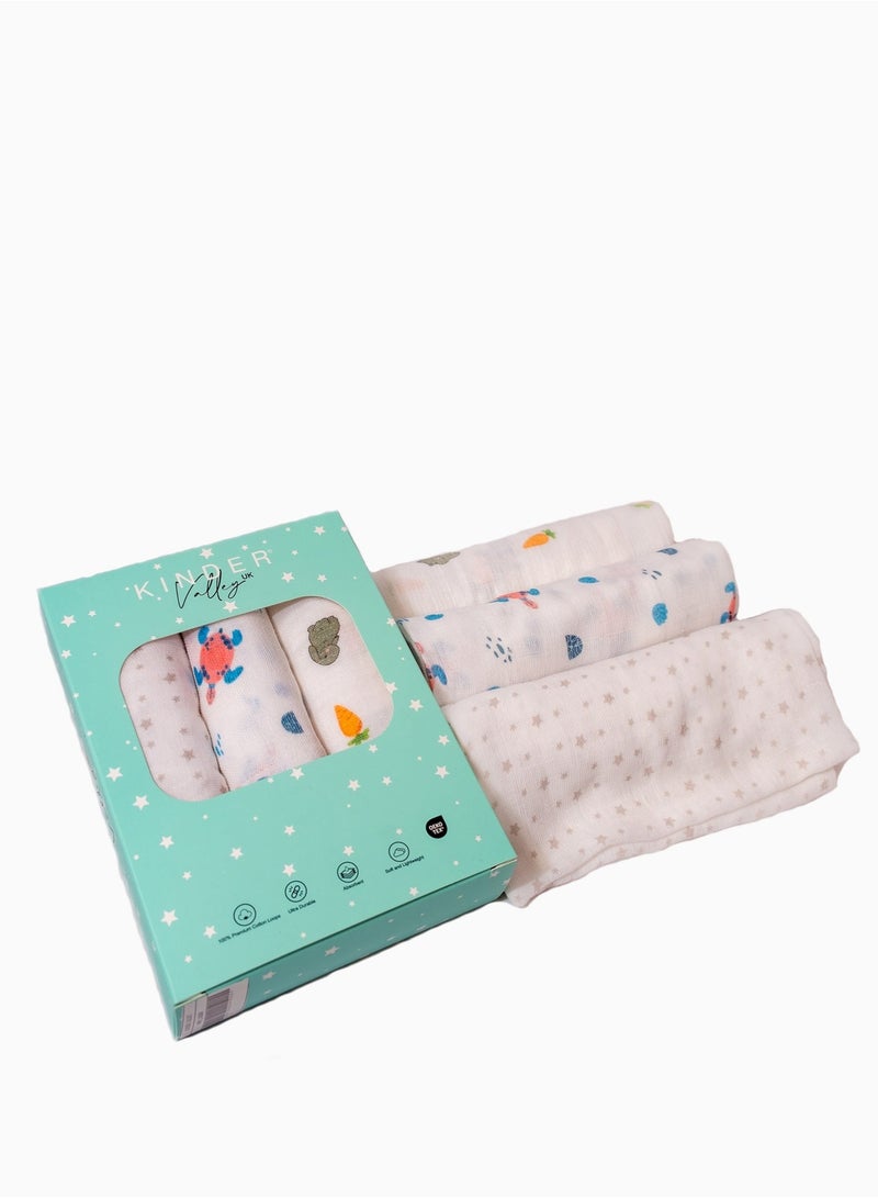 كايندر فالي Kinder Valley Muslin Blanket Set – 3-Pack (Bunny, Sea Turtle & Star - Image 1