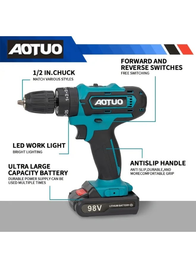 AOTUO 98V cordless drill, two lithium-ion batteries and fast charger, 3/8-inch drill kit, 25+ 3-position clutch, LED work light, variable speed drill, 256 pounds of torque, 24 accessories  - Image 5