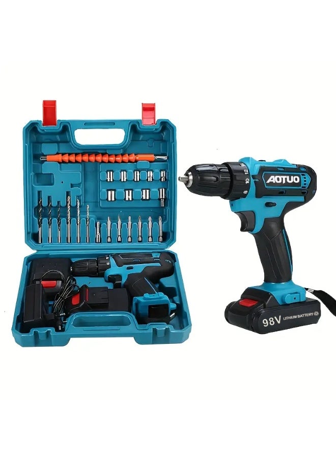 AOTUO 98V cordless drill, two lithium-ion batteries and fast charger, 3/8-inch drill kit, 25+ 3-position clutch, LED work light, variable speed drill, 256 pounds of torque, 24 accessories  - Image 3