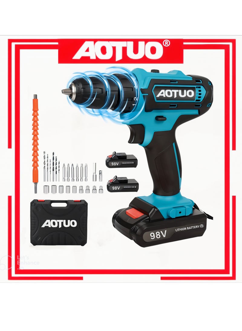 AOTUO 98V cordless drill, two lithium-ion batteries and fast charger, 3/8-inch drill kit, 25+ 3-position clutch, LED work light, variable speed drill, 256 pounds of torque, 24 accessories  - Image 1