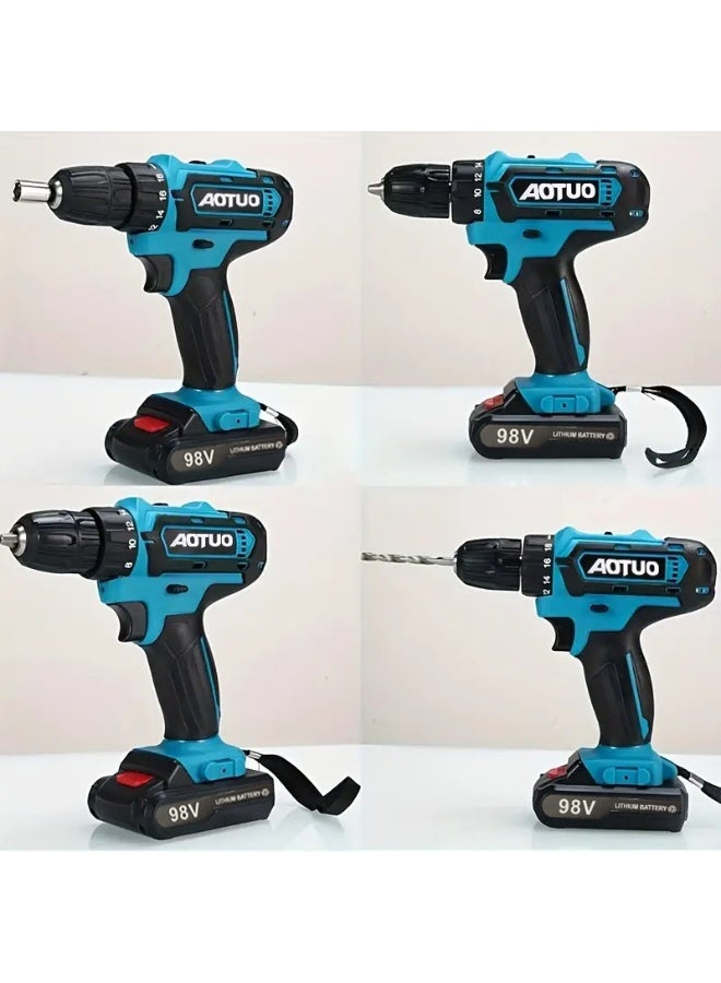 98V cordless drill, two lithium-ion batteries and fast charger, 3/8-inch drill kit, 25+ 3-position clutch, LED work light, variable speed drill, 256 pounds of torque, 24 accessories