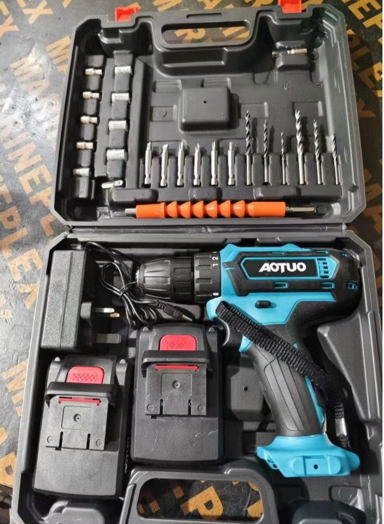 AOTUO 98V cordless drill, two lithium-ion batteries and fast charger, 3/8-inch drill kit, 25+ 3-position clutch, LED work light, variable speed drill, 256 pounds of torque, 24 accessories  - Image 1